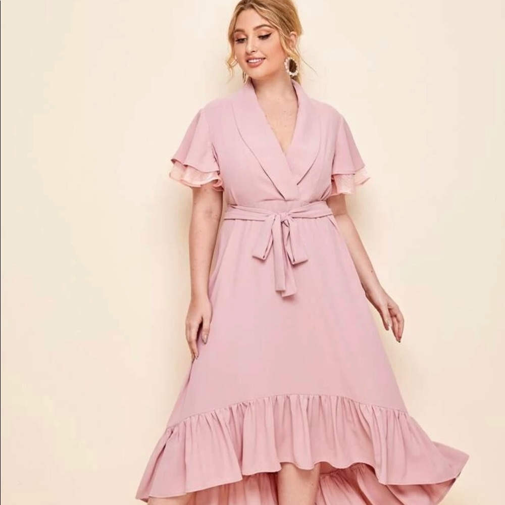 Shawl Collar Belted Ruffle Hem Dress